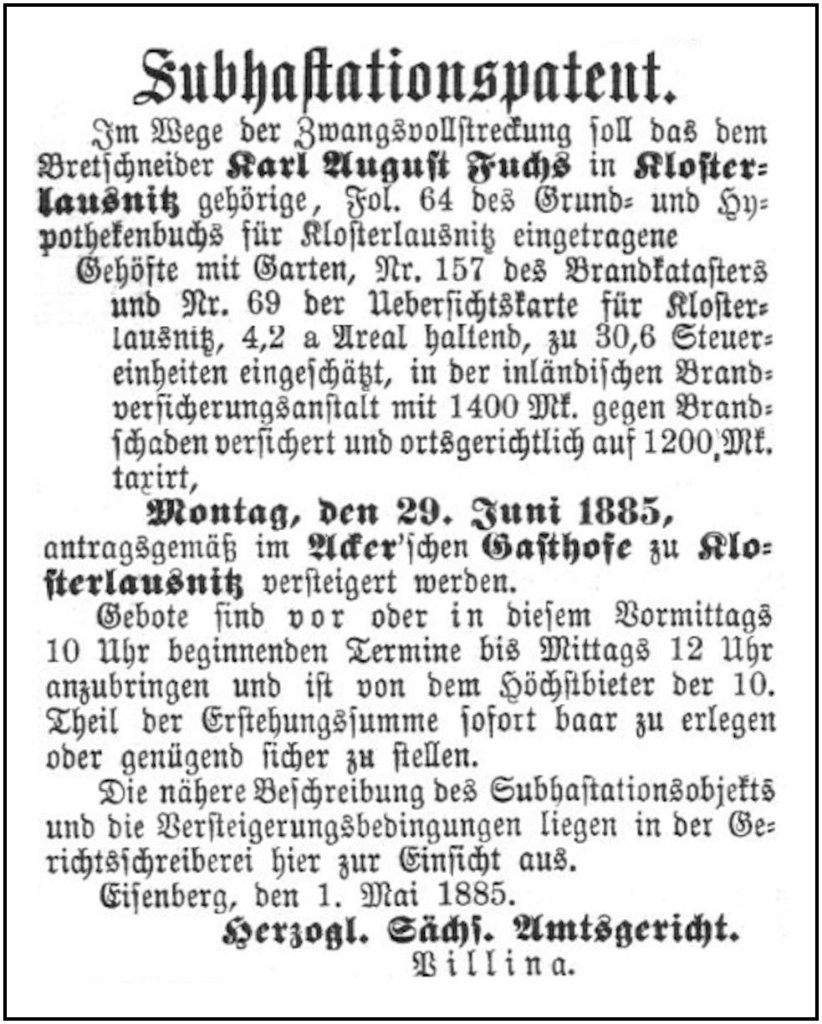 1885-05-01 Kl Zwangsversteigerung Fuchs